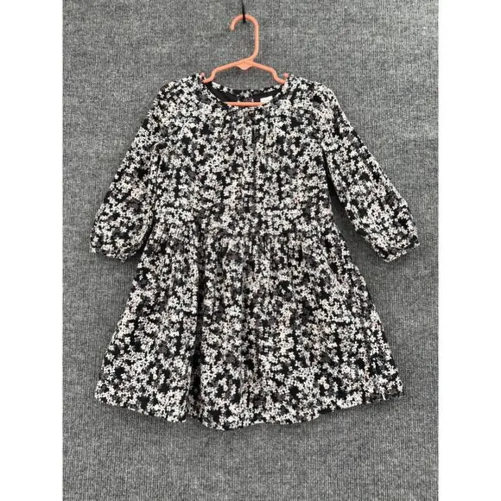 Baby Gap Girls Ditsy Floral Drop Waist Dress Size 4 Black Pink Lined 100% Cotton